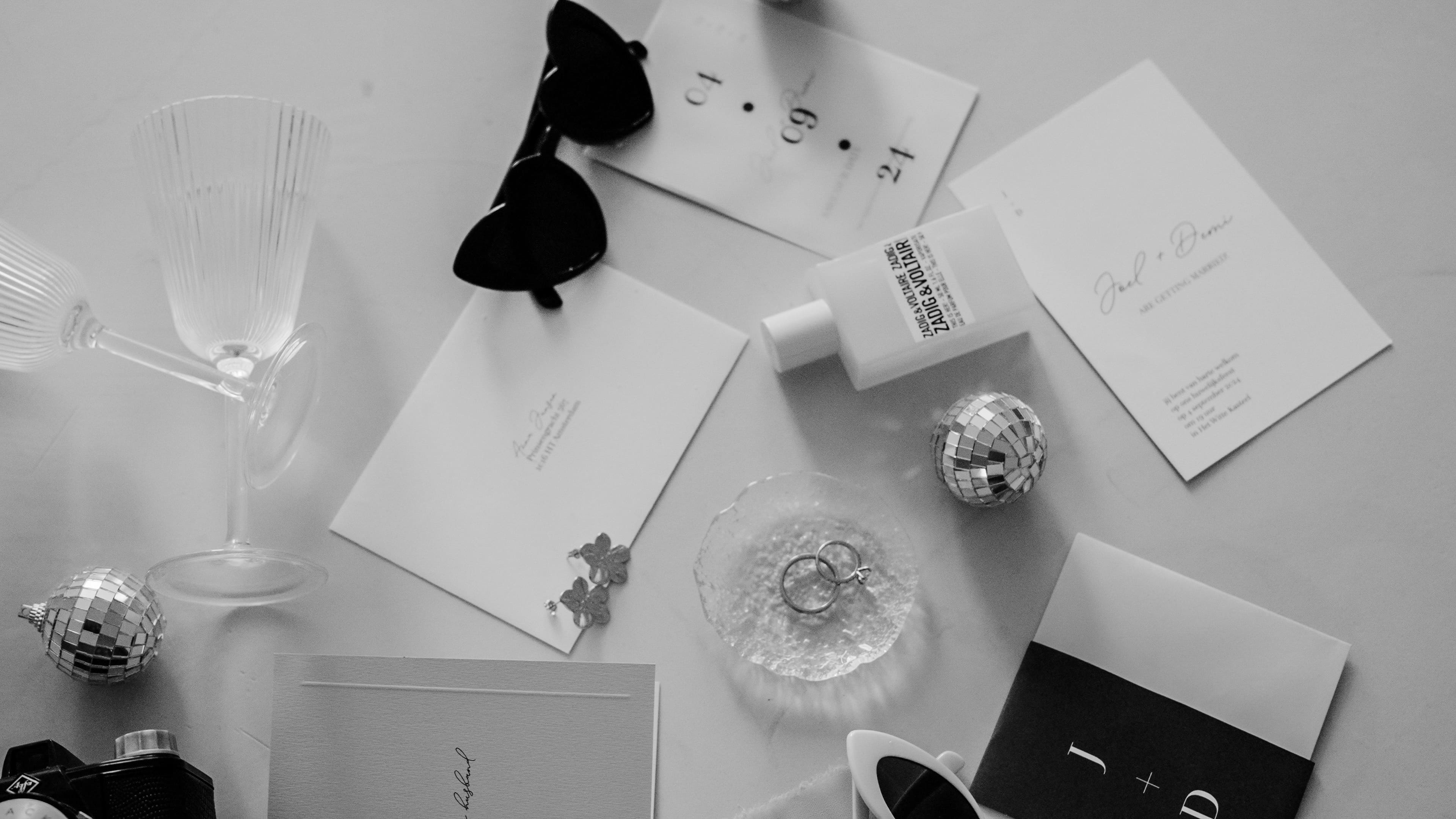 Wedding detail flatlay in black and white